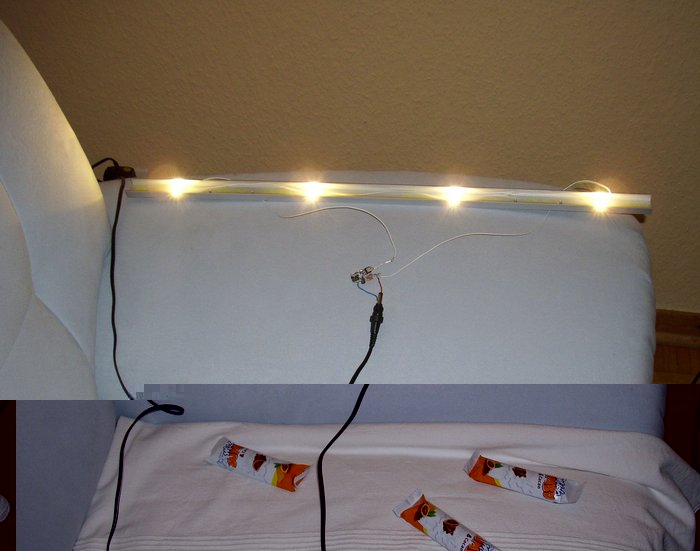 DSCI0041_cut.jpg (487.24 KiB) 16924 mal betrachtet LED-Leiste testweise auf dem Sofa, mit den Schoko-Riegeln habe ich 3 der 4 LEDs über eine Stunde lang abgedeckt --- sie sind nicht geschmolzen, nichtmal weich geworden, das Alu-U-profil erreicht nichtmal Körpertemperatur (350 mA durch die LEDs, alle 20 cm eine LED, U-Profil 20mm breit, Kanten 10 mm, Stärke 2 mm